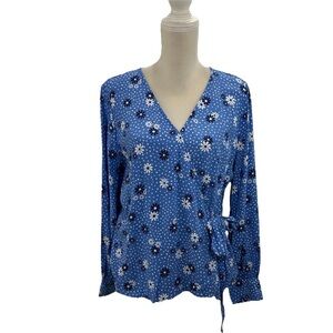 Talbots Wrap Top Womens Large Blue Floral Long Sleeve V Neck Lightweight Blouse